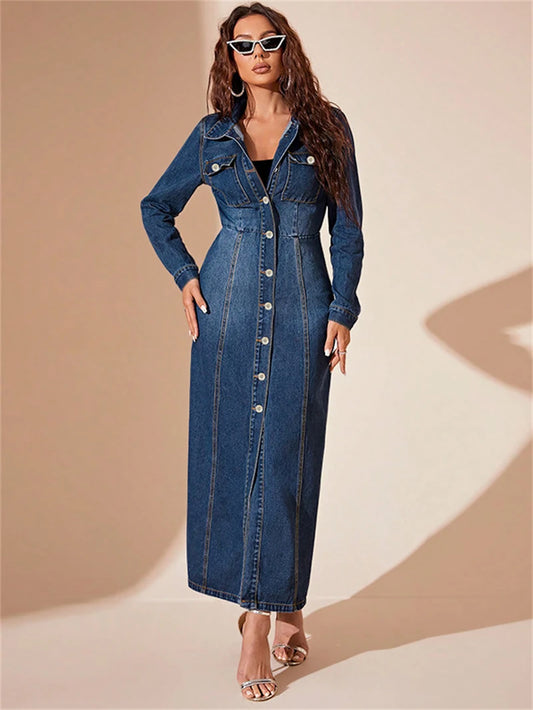 Streetwear Slim Fit Denim Dress Women Full Sleeve Single Breasted Denim long Dress.  Vestidos,     S-2X