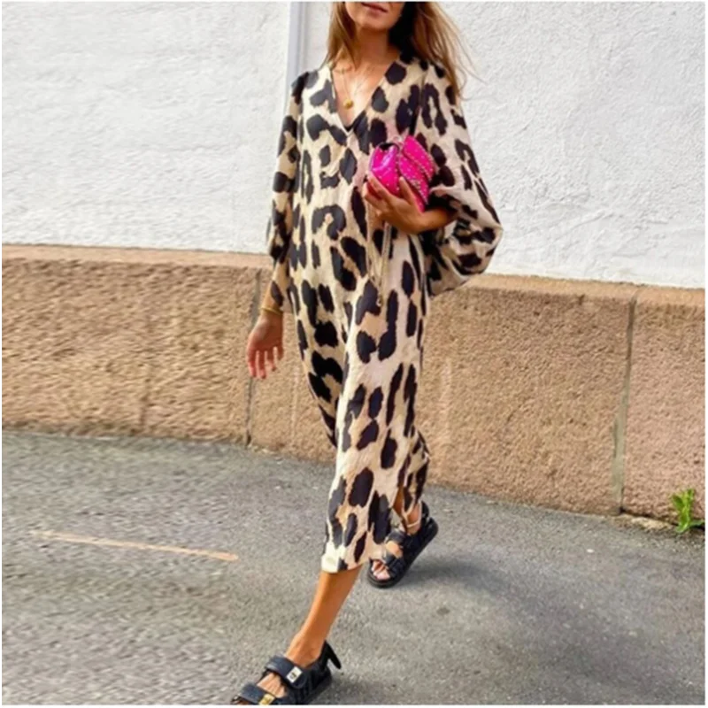 Leopard Printed Lantern Long Sleeved Women's Loose V-neck High Street Elegant Casual Dress.  S-2X
