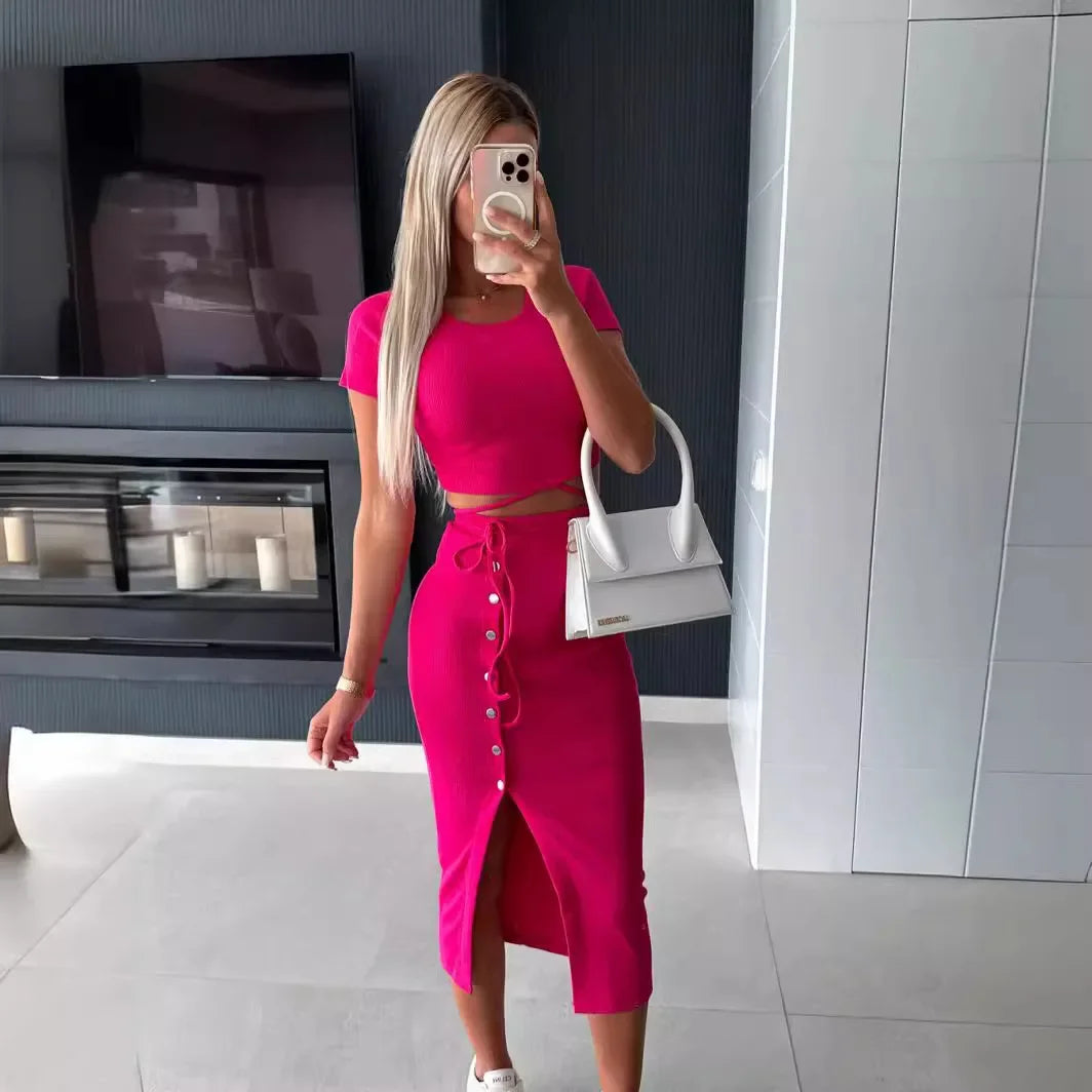 Women's Short Sleeve Shirt And High Waist Skirt Set 2 Pieces Set Fashionable And Stylish Casual Wear