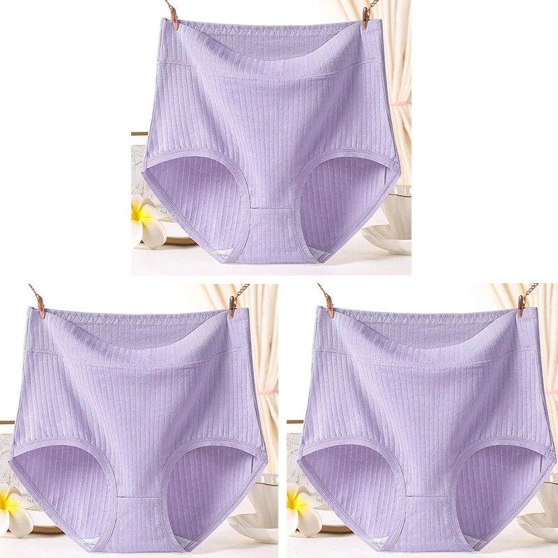 3pcs Ladies Plus Size High Quality Cotton Panties High Waist Breathable Briefs Solid Colour.