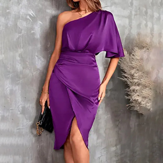 Spring Summer Sexy Dress Irregular Party Women's Satin  Blend Solid Diagonal Collar Dress.  S-2X