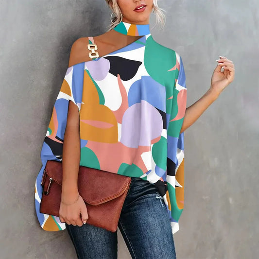 Sexy Halter Loose Blouse Elegant Print Off Shoulder Batwing Sleeve Summer Fashion.  S-2X