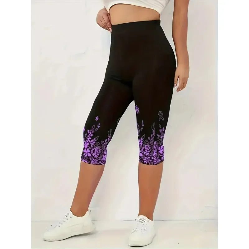 Ladies Casual Slim Fit Capri Leggings, Fashion Floral Print High Waist.