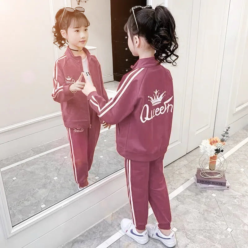2025 teens autumn spring Girls Teenager tracksuit sport crown letter striped zipper Coat Jacket + skinny pant 5 6 7 8 9 10 year