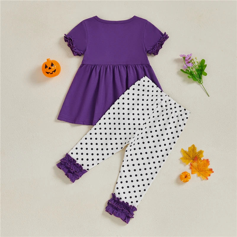 Toddler Baby Girl Halloween Outfit Pumpkin Letter Embroidery Short Sleeve Babydoll Tops Dot Ruffled Long Pants 2Pcs Set.