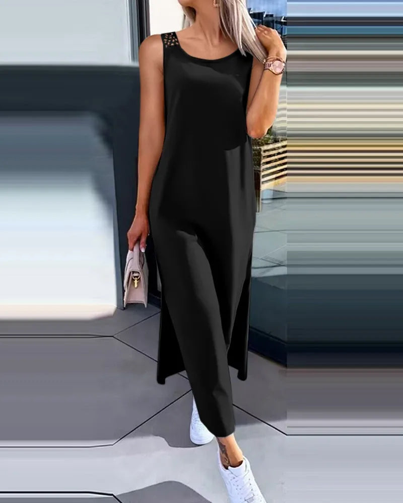 Hollow Out Solid Long Dress Women Fashion Sleeveless O-neck Maxi Dress.  S-2X