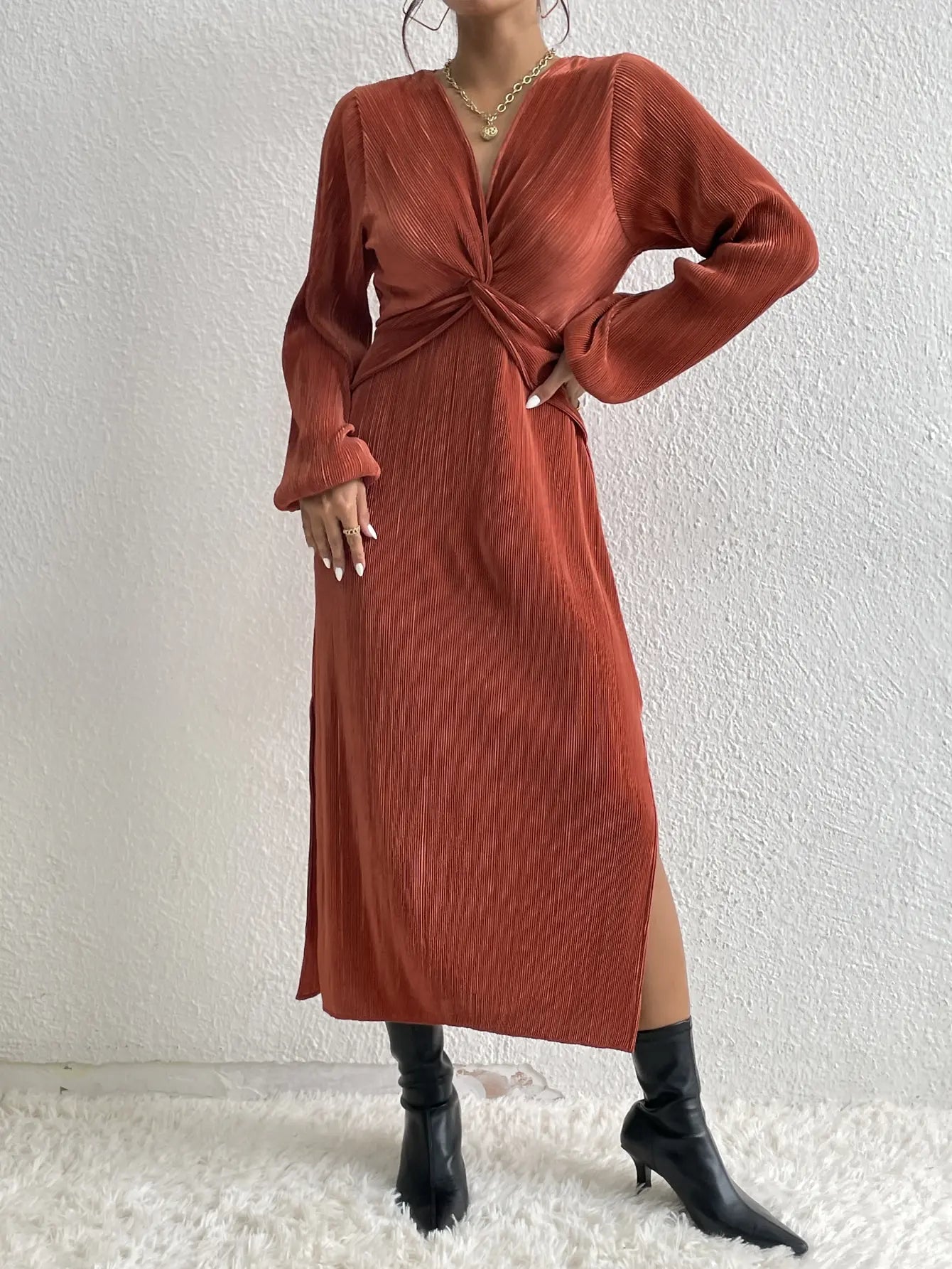 Midi Dress Long Sleeve Party Dress Front Cross Sexy Elegant .