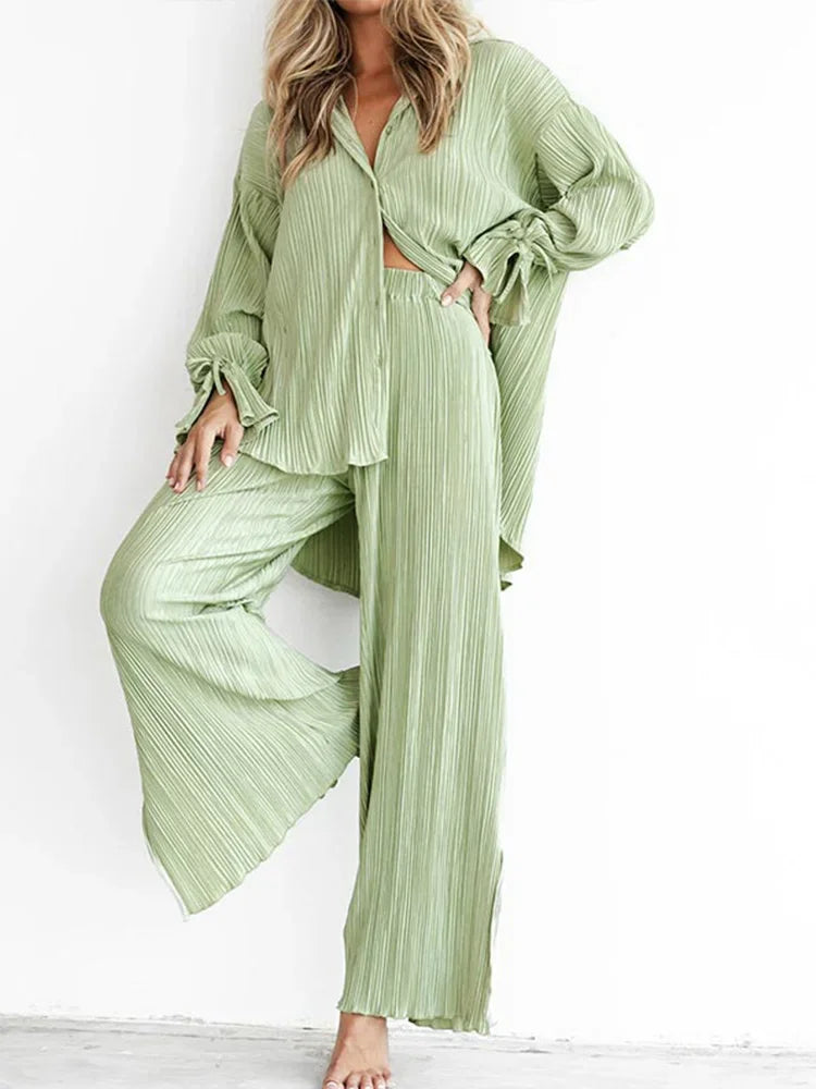 Women Pleated 2 Piece Long Sleeve Blouse And Split Wide Leg Pant Suit.