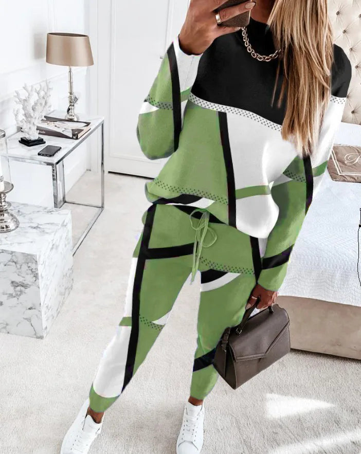 Spring New Contrasting Color Print Set Casual O-Neck Long Sleeved Top Long Pant 2 Piece Set 2025 Fashion Women Clothing.  S-3X