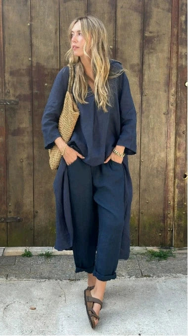 New Women's Pocket V-neck 2-piece Set Solid Loose Casual Women's Clothing Fashion Elegant Two Piece Outfits Woman.  S-3X
