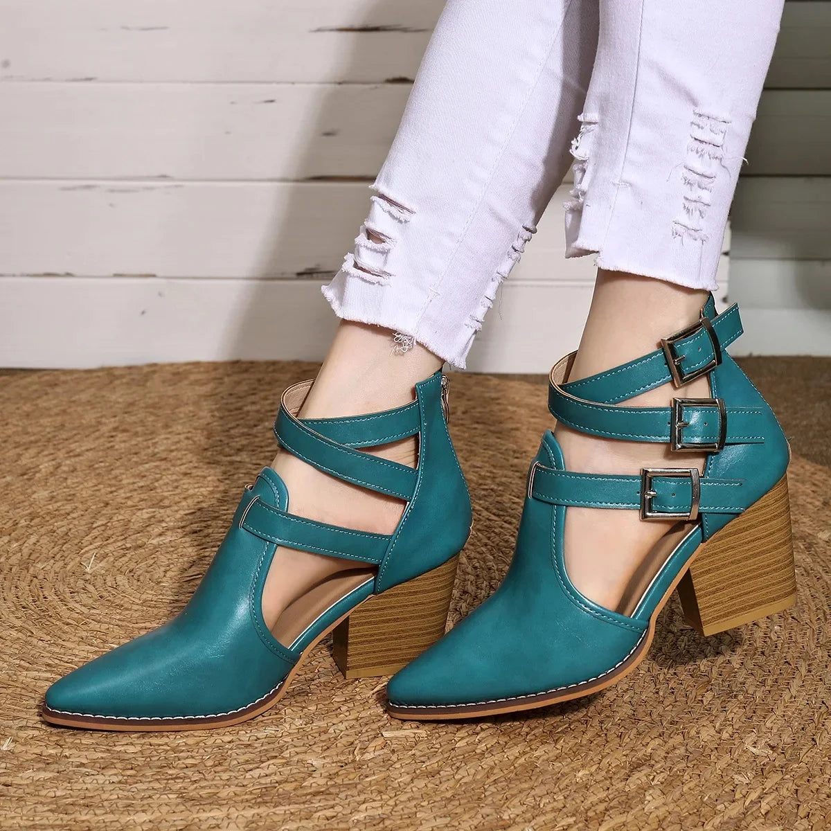 Thick Heel Pointed Toe Retro Belt Buckle Roman Booties PU Leather Rubber Sole