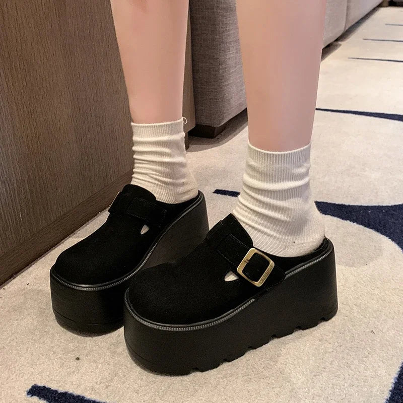 Women High Platform Slides 7CM Wedges Shoe Faux Suede/Leather Casual Chunky Summer Breathable Slip -Ons