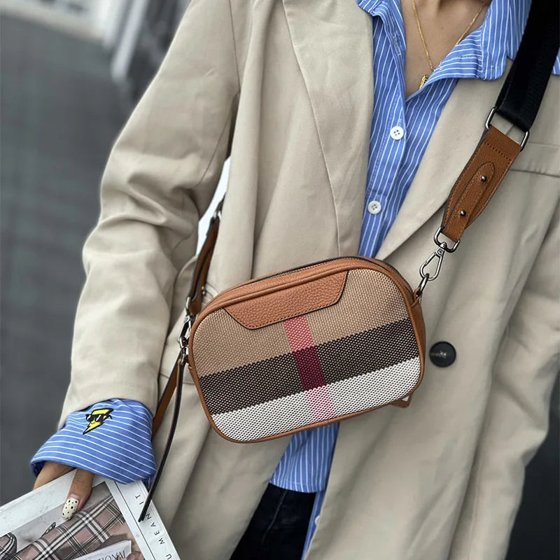 Genuine Leather Women Bag Small Canvas Cross body Wide Strap Trendy Square Designer Luxury Sling Shoulder bag