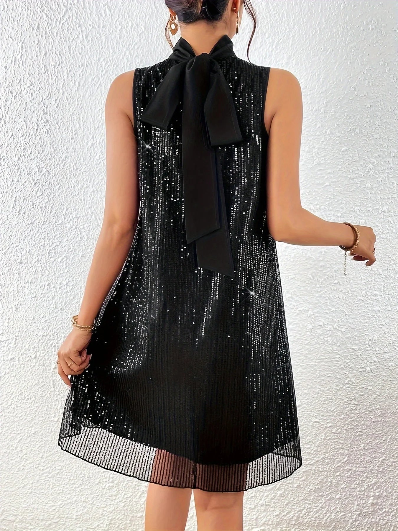 Plus size Women's elegant sequin mid-length high neck, sleeveless A-line flare dress perfect for all functions