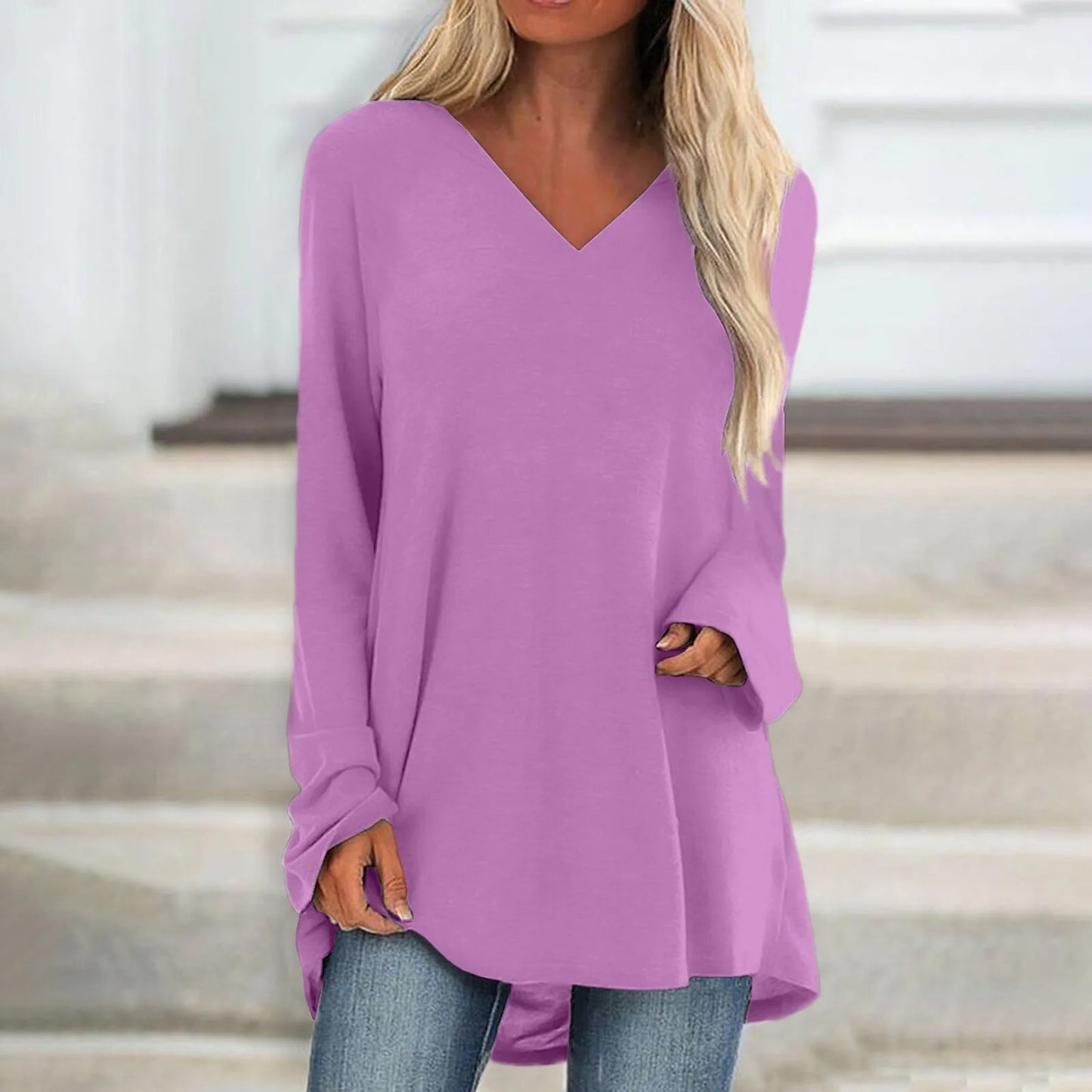 Women's Summer T-shirt Casual Long Sleeve V-Neck Solid Colour Loose Long Blouse/Shirt.  S-3xl