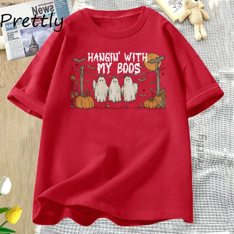 Unisex Funny Hanging Ghosts Halloween T-shirt Boos Cute Pumpkin Bat Casual Cotton Short Sleeve Round Neck Tee .  S-3X