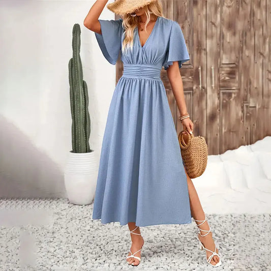 Women Solid Pleated Long Dress V Neck Short Sleeved .