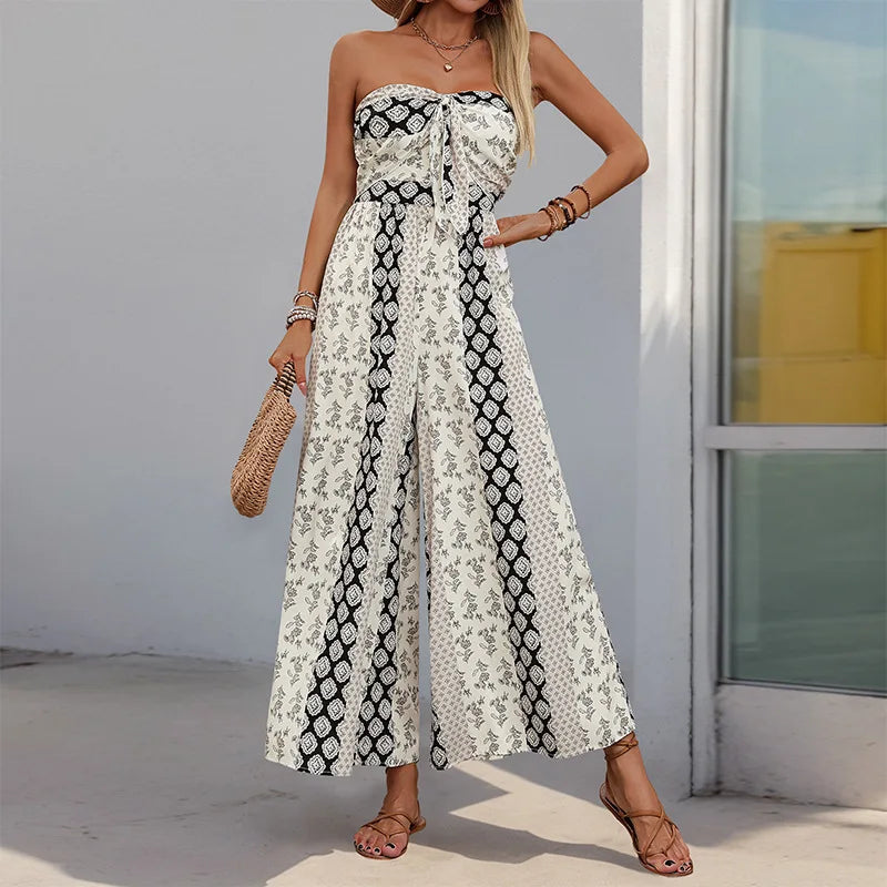 2025 New Summer Women's Jumpsuit Striped Flower Print Sleeveless Backless Elastic High Waist Loose Wide Leg Pants Jumpsuit