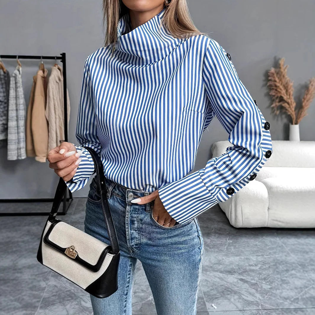 Spring Shirt New Stripe Long Sleeved Top For Women Elegant Woman Blouse .  S-2x