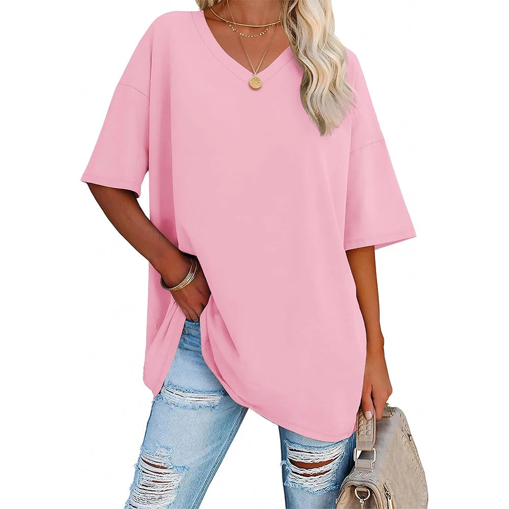 Womens Oversized T Shirts V Neck Tees Half Sleeve Cozy Comfy Tunic 2024 Y2K Tops Casual