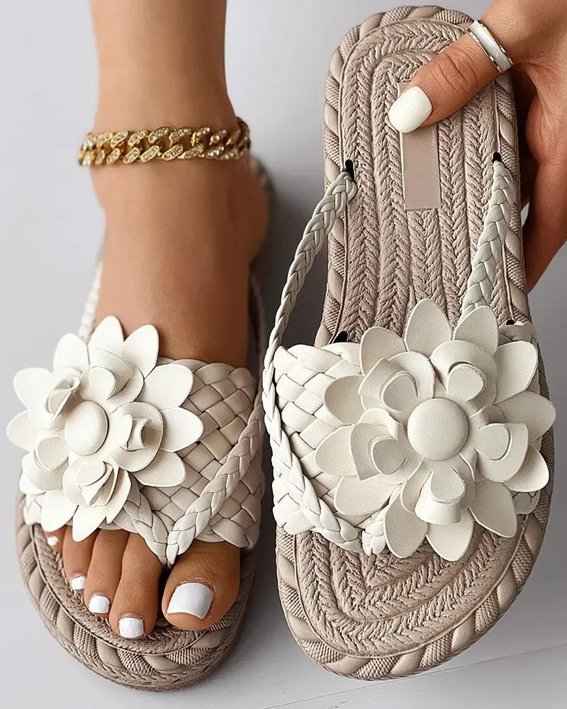 Women Solid Or Ombre Pattern Braided Casual Sandal Holographic Braided Floral Pattern