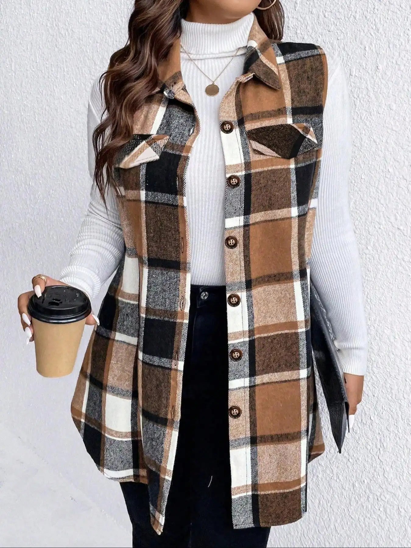 Women Plus Size 1XL-5XL Plaid Print Sleeveless Thick Vest Women Outwear