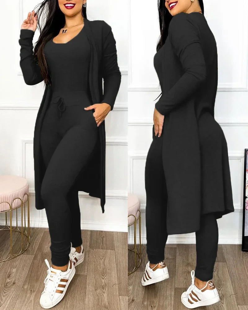 Drawstring Pocket Design Jumpsuit & Coat Set Solid Colour  Slim Fit Pencil Pants Fashion.  S-2X