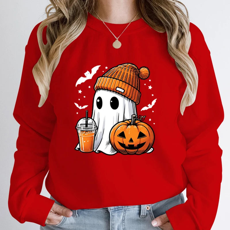 Unisex Fashion Halloween Ghost Pumpkin Bat Print Pullover Ladies Long Sleeve Halloween Sweatshirts.   S-2X