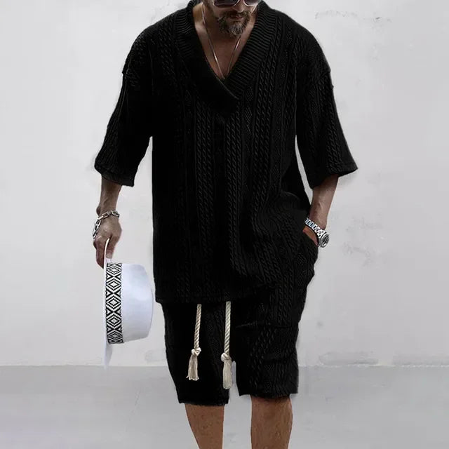 Mens High Quality Summer Casual Knitted Two Piece V-Neck Short Sleeve T-shirt and Shorts.  Sizes S-3XS