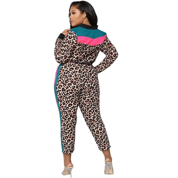 Curvy Size Two-piece Set, Fashion Sexy Leopard Jacket + Pants Suit Casual Wear