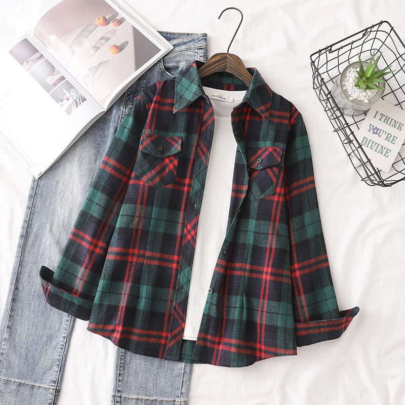 Cotton Flannel Plaid Casual Slim Fit Long Sleeve Top.  XS-3XL
