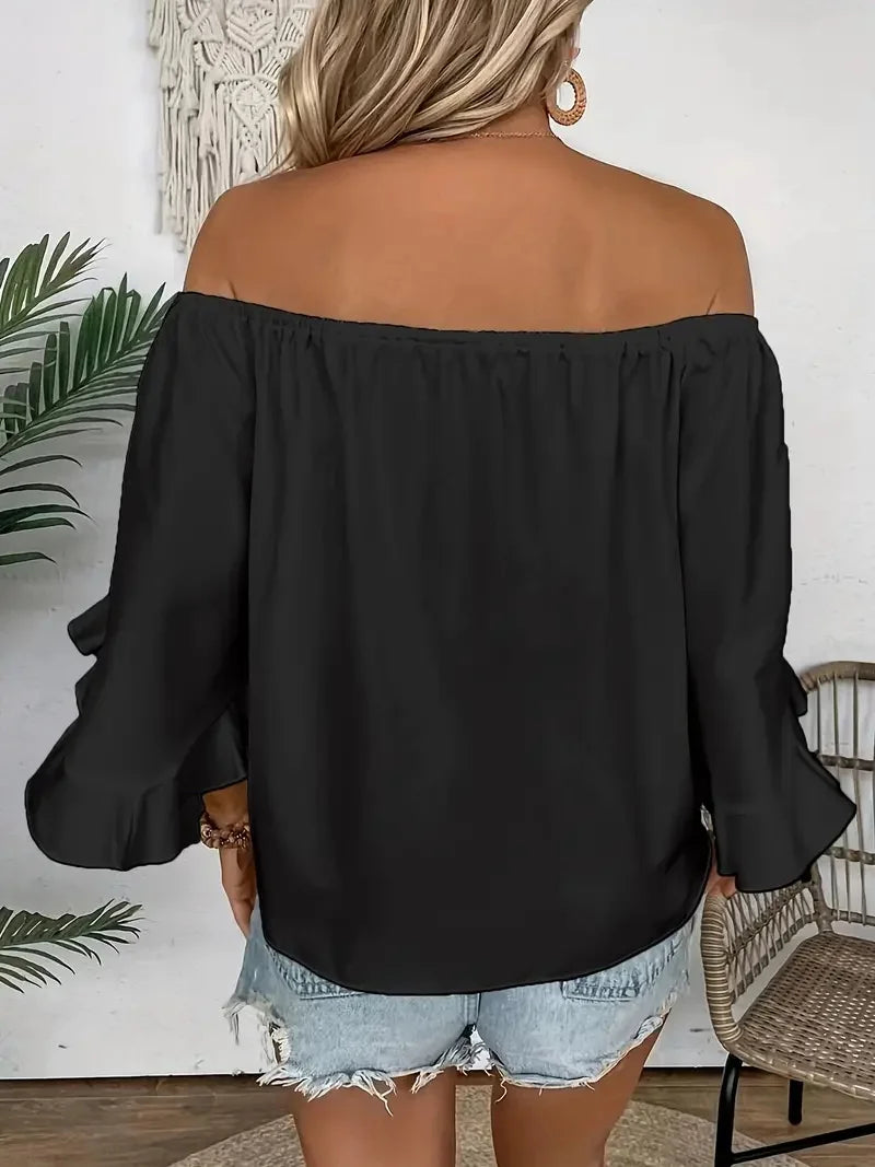 Summer One Shoulder Short Sleeved Top for Women Solid Colour Ruffle Sleeve Elegant Top.   S-2X