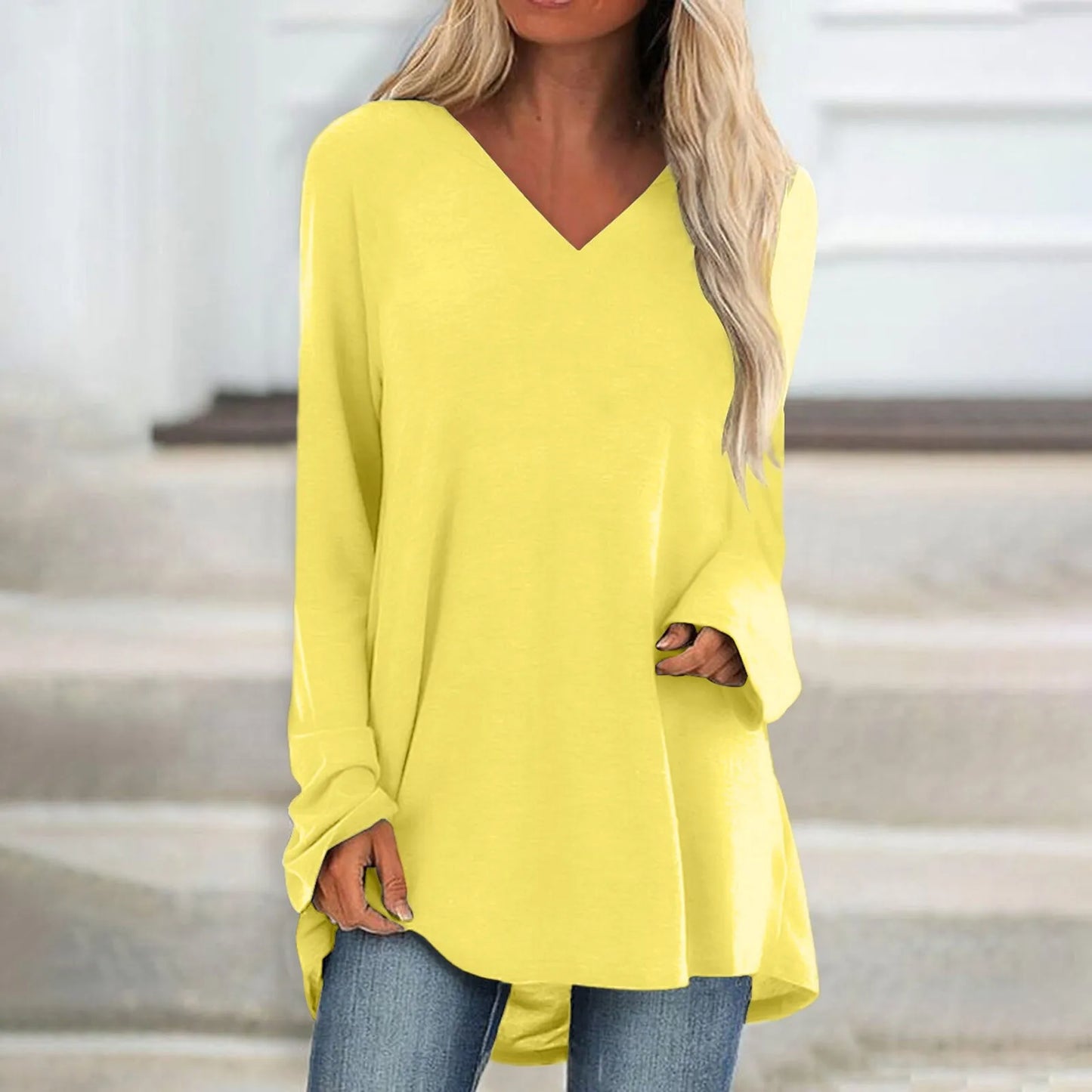 Women's Summer T-shirt Casual Long Sleeve V-Neck Solid Colour Loose Long Blouse/Shirt.  S-3xl