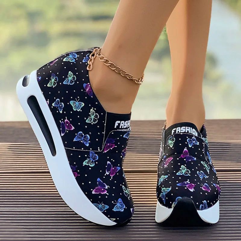 Great For Walking Butterfly Print Platform Sneakers Lightweight Slip On Great For Walking Thick Sole Non Slip Casual Shoe