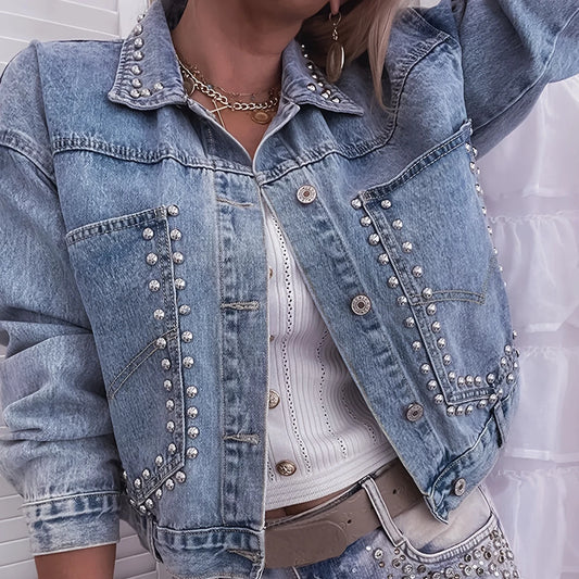 Women Denim Jacket Short Rivet Turn Down Collar Y2k Street-wear Open Stitch Punk Single Breasted Casual Jacket.   XS-L