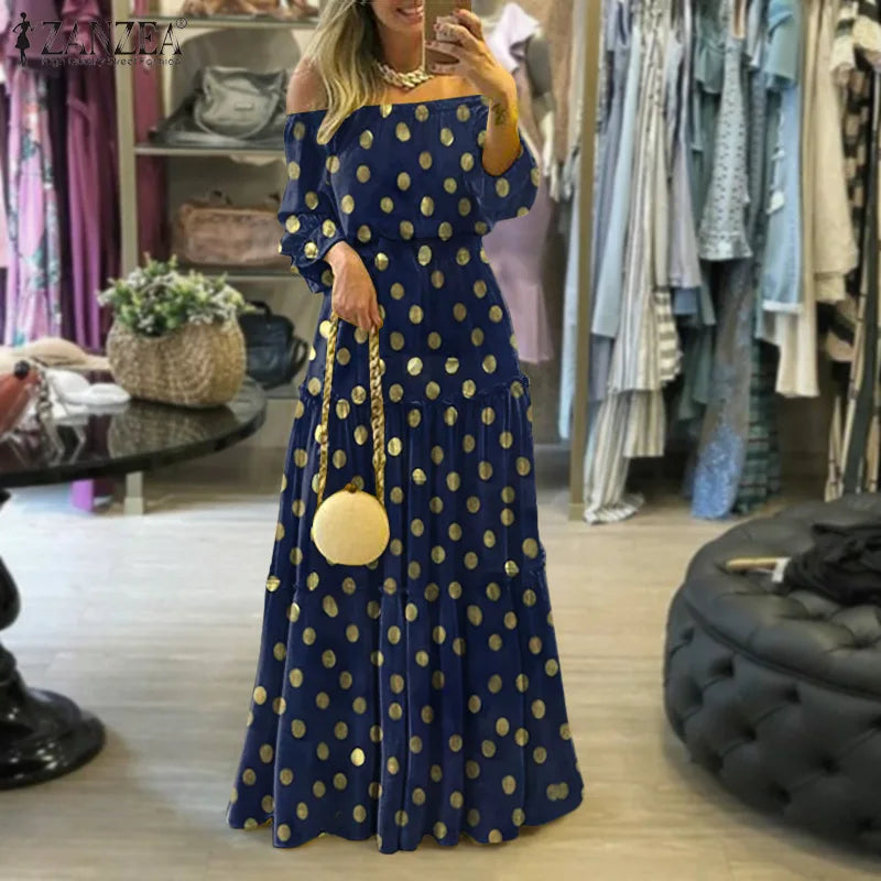 Women's Sexy One-line Neckline Off-the-shoulder Fashion 2025 Spring/summer Polka Dot Dress.  S-3X