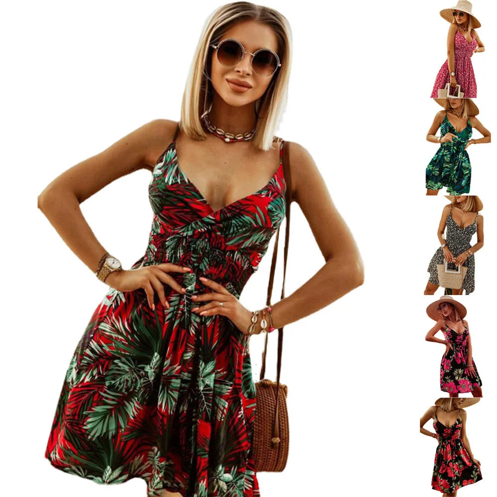 Flower Print Spaghetti Strap Dress Women Fashion Sexy V-neck Short Dress Trendy Vacation  Casual Dress.  S-3x