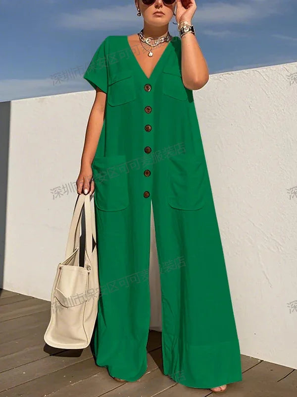 New Summer V-neck Single-breasted Women's Jumpsuits Fashion Pocket Elegant Rompers Casual Loose Oversized Women Jumpsuit.  S-2X