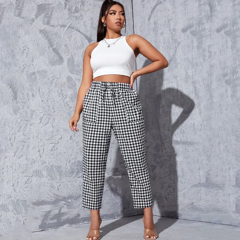 Curvy Size Gingham Summer Casual Tapered Pants Elastic Waist Pocket Front ,Ankle Length Straight Pants