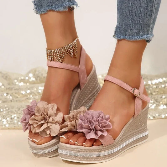 Open Toe Women's Sandals Fashion Floral Buckle Strap Wedges Shoe