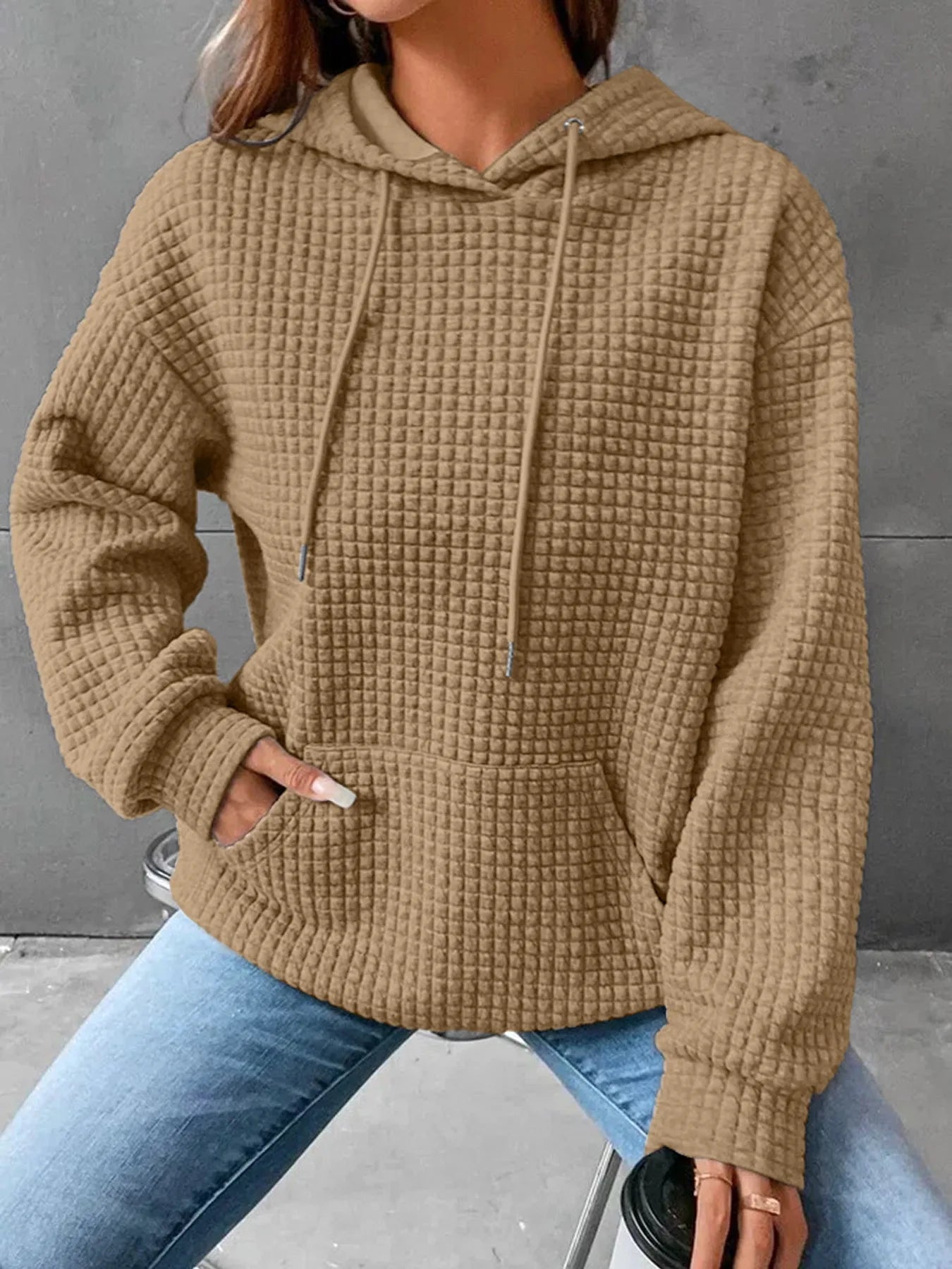 Women's hooded sweatshirt spring and autumn style waffle fashion beautiful solid color hooded drawstring loose sweatshirt.  S-2XL