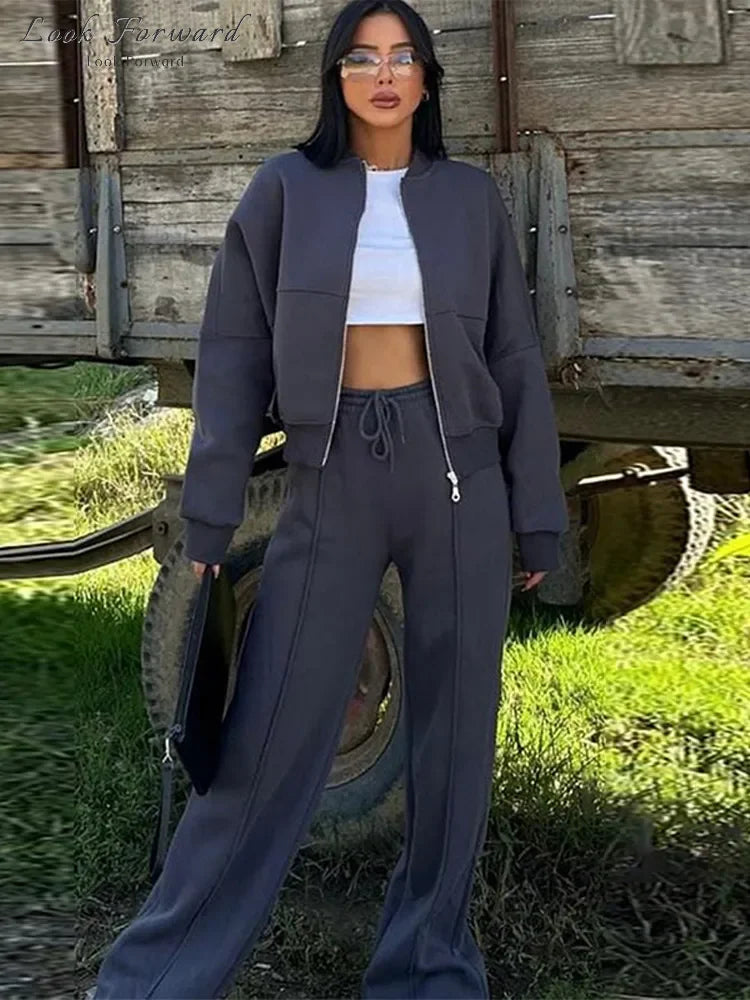 Casual Pants Set Women Spring Autumn Zip Up Jacket Loose Elastic Waist Trousers Suit.