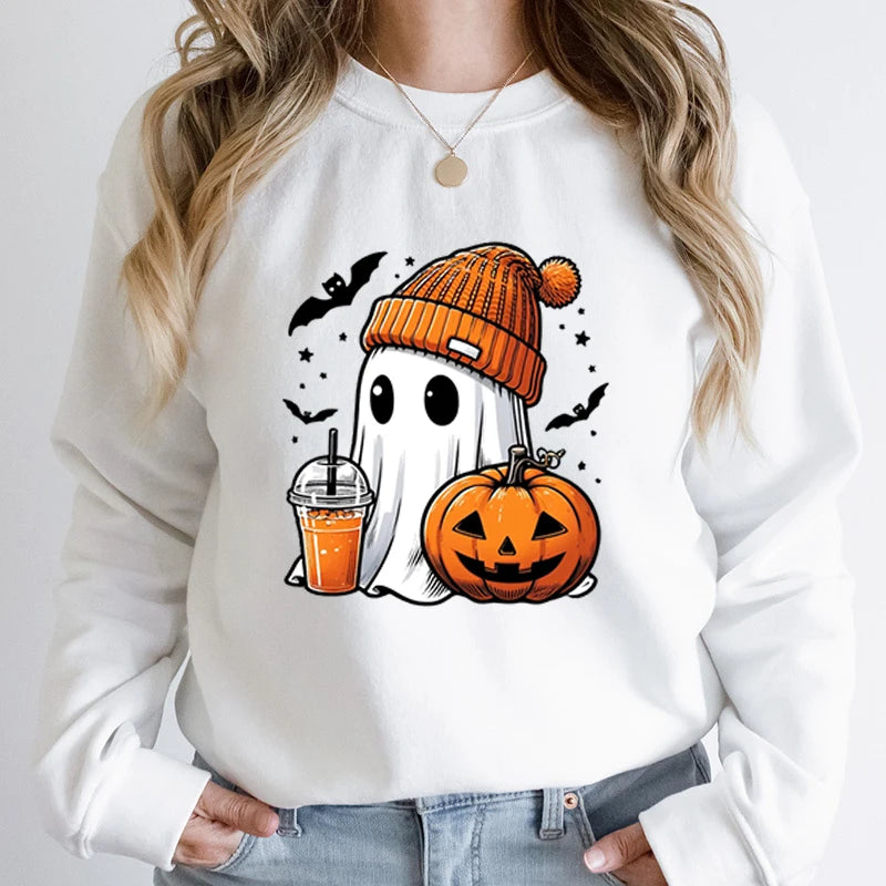 Unisex Fashion Halloween Ghost Pumpkin Bat Print Pullover Ladies Long Sleeve Halloween Sweatshirts.   S-2X