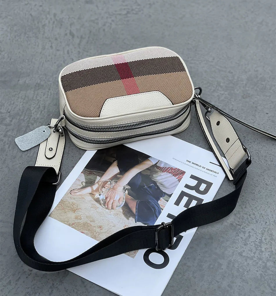 Genuine Leather Women Bag Small Canvas Cross body Wide Strap Trendy Square Designer Luxury Sling Shoulder bag