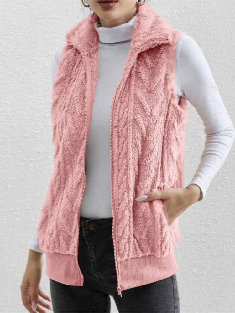 Fashion Plush Cardigan Vest For Women Casual Zipper Lapel Pocket Solid Color Warm Women's Vest 2025.  S-3X