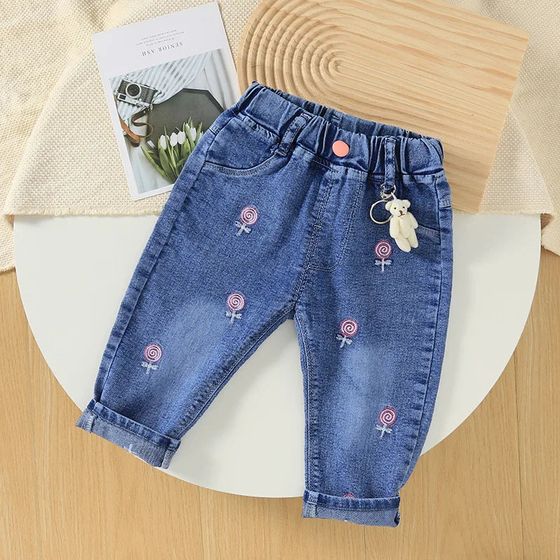 2025 New Girls Jeans Children Spring Autumn Fashion jeans flared pants Girls High Quality Bow leisure long Pants 0-5 Y