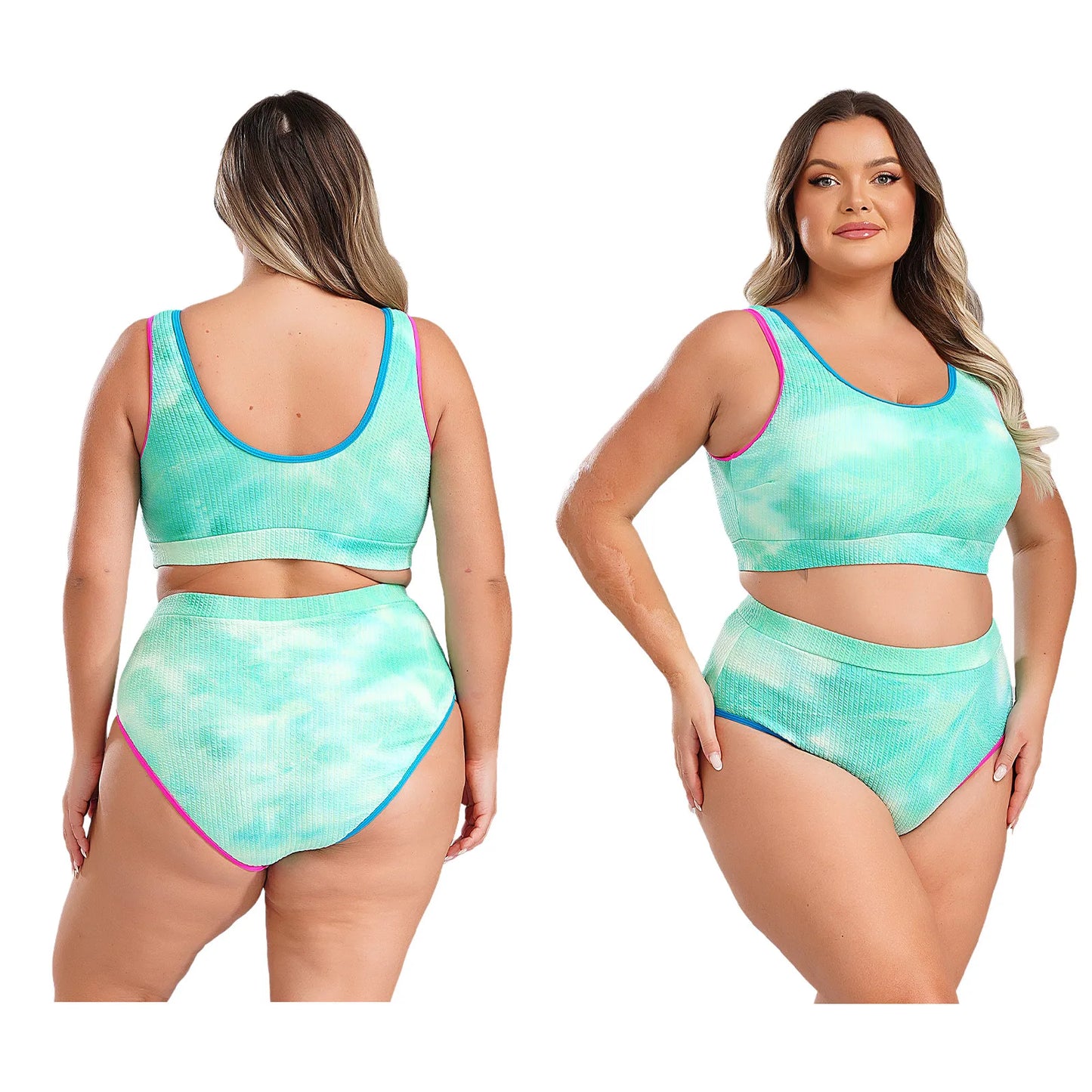 Womens Plus Size Sporty Swimsuit Two Pieces U Neck High Waisted Tankini Set Color Contrast Beach Swimming Bathing Suit Swimwear