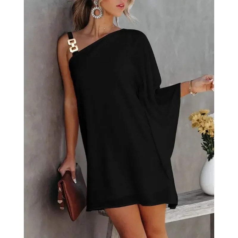 Summer Women's Dress One Line Diagonal Neck Off Shoulder Solid Colour and Metal Strap Bat Sleeve Dress.  S-2X