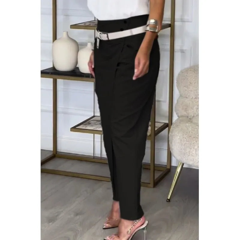 New Asymmetric High Waist Pants For Women Fashion Chic Belt Straight Pants Casual Solid Colour Bottoms.  S-3x