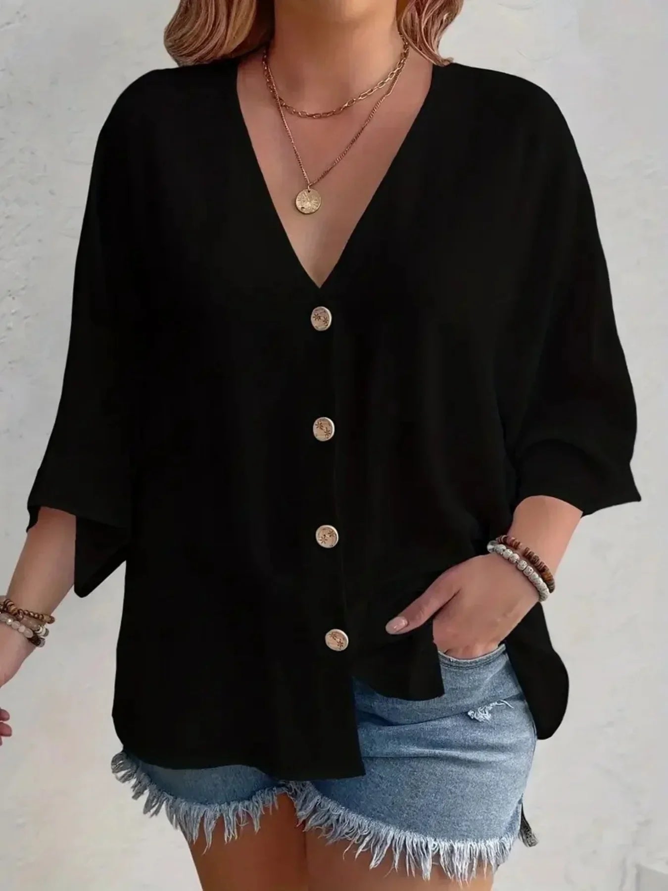 Women's Plus-size Shirt Solid Color Breathable  V-neck Button Casual Wear with European Style.  1X-5X